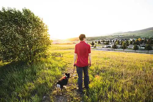 Man hiking with his dog while enjoying the sunset views at Granite Peak RV Resort